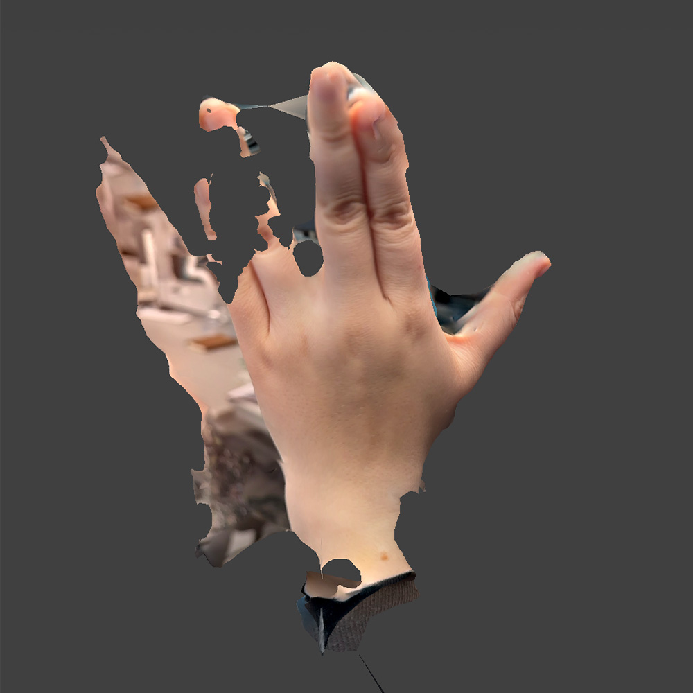 Second rendered scan of the back of a hand making the vulcan salute in scaniverse.